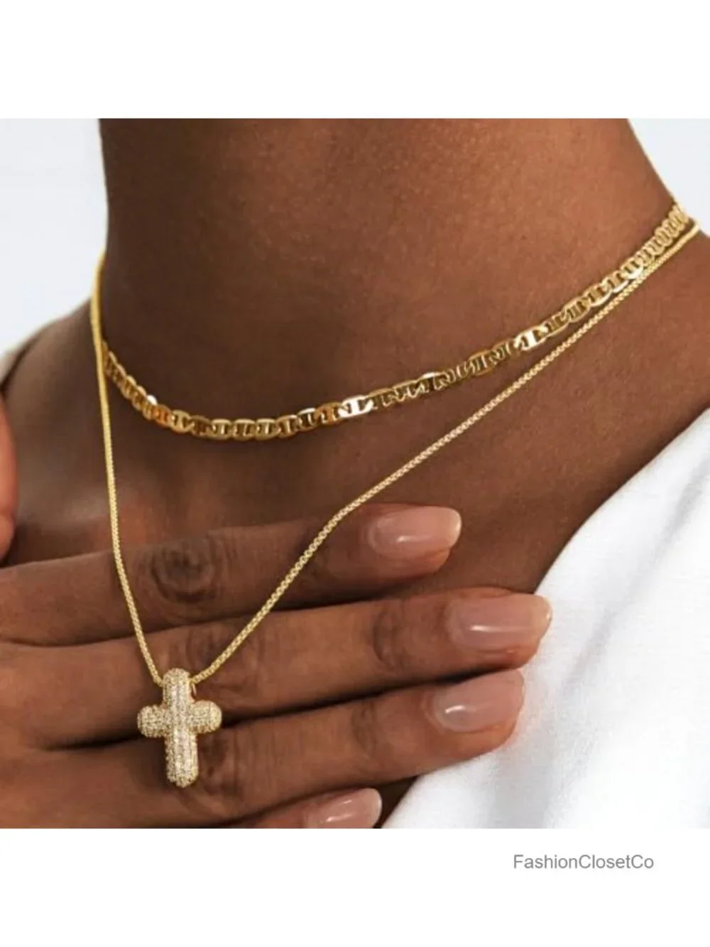 14k Gold Plated Cross Necklace Set with CZ Bubble Pendant